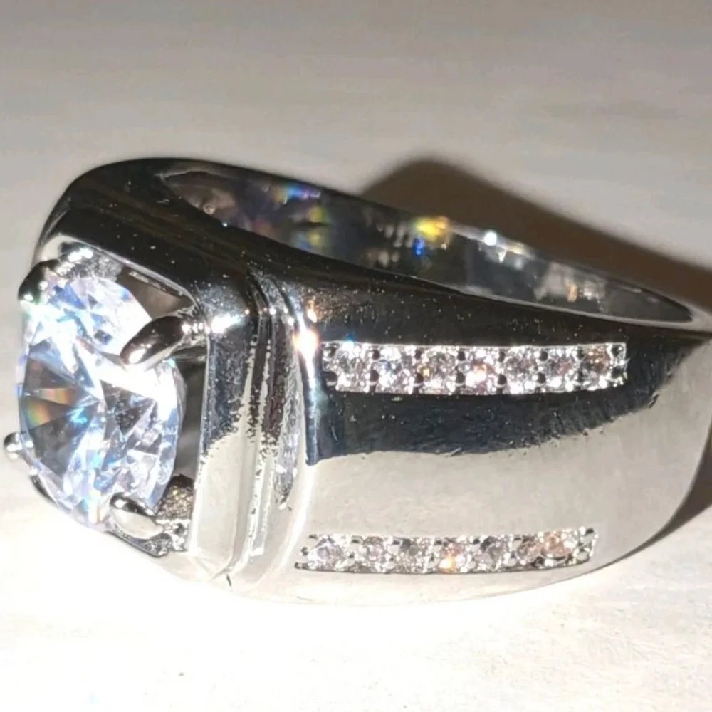 Men's Wedding Ring 14K White Gold Plated Round Cut Simulated Diamond Sz 9
